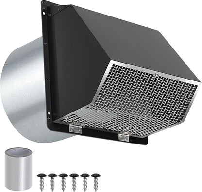 10 Inch Hooded Wall Vent with Screen and Damper,Outdoor Wall Exhaust Vent Cover Cap for Kitchen Range Hood HVAC Duct Dryer Ventilation&Outside Exterior Mount,Galvanized Steel,Black