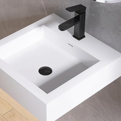 Small Vessel Sink, 19" x 19" Wall Mount Bathroom Sink, Stone Resin Floating Sinks with Overflow, Square Solid Surface Floating Vessel Sinks, White