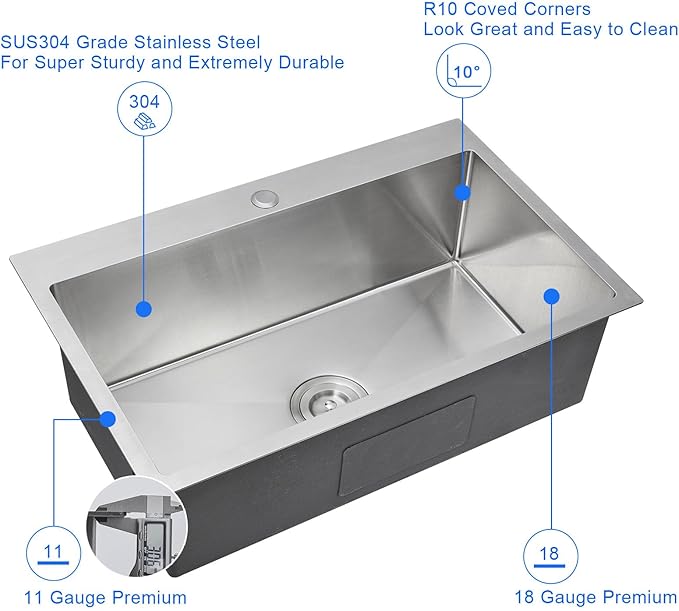 MENATT 28 Inch Drop-in Kitchen Sink, 304 Stainless Steel Topmount Handmade Kitchen Sink, Single Bowl Workstation Sink with Drain Kit (Brushed), 28"x18"x9"