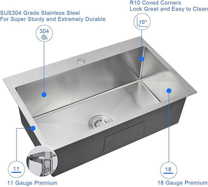 MENATT 28 Inch Drop-in Kitchen Sink, 304 Stainless Steel Topmount Handmade Kitchen Sink, Single Bowl Workstation Sink with Drain Kit (Brushed), 28"x18"x9"