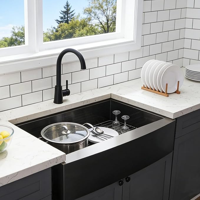 HOTIS 33 Inch Black Farmhouse Sink, Undermount Gunmetal Black Workstation Apron Front Kitchen Sink, 33 x 22 Stainless Steel Farm Sink 16 Gauge 9 Deep Single Bowl Kitchen Sink with Cutting Board