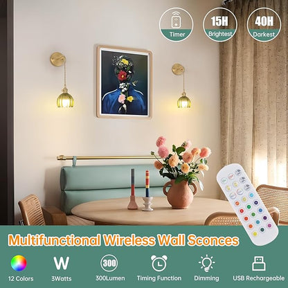 Shenmoyl Battery Operated Wall Sconce with Green Tulip Shade Pattern Glass Adjustable Chain Retro Gold Wall Mounted Light, Modern Wall Lamp Fixtures Decor for Bedside Bedroom Indoor Doorway