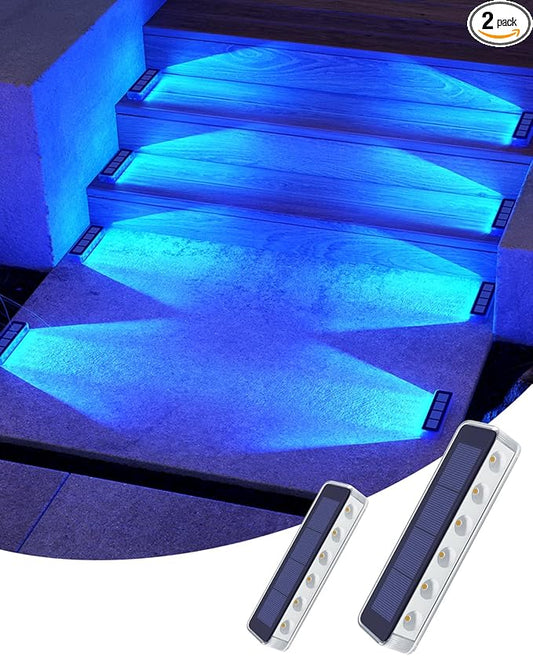 DetarZinLED Solar Step Lights for Outside, 2 Pack Solar Stair Lights, Blue Outdoor Deck Light Waterproof, Outdoor Light Solar Powered for Deck, Dock, Pathway, Porch, Path, Ground, Backyard