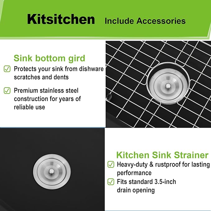 Kitsitchen 32 Inch Large Black Undermount Kitchen Sink, Black Granite Composite Kitchen Sink with A Stainless Steel Sink Drain Assembly & Sink Bottom Gird, 9" Depth Quartz Stone Kitchen Sink
