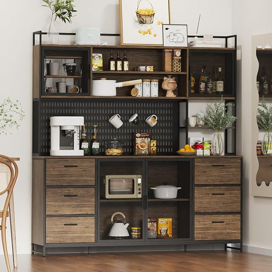 ECACAD 70.9" L Sideboard Buffet Storage Cabinet with Hutch, Pegboard, 4 Metal Mesh Doors, 6 Drawers & Shelves, Kitchen Pantry Cupboard for Living Room, Dining Room, Black & Rustic Brown