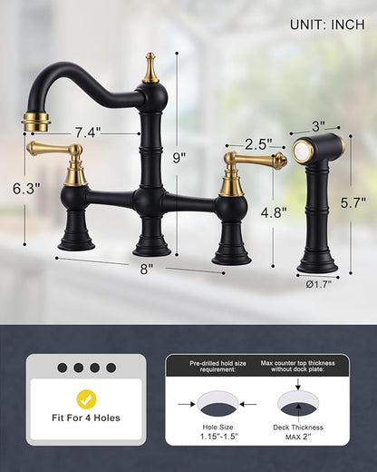 WOWOW Bridge Kitchen Faucet with Side Sprayer, Solid Brass Kitchen Sink Faucet Black and Gold, 4 Hole Two Handle Centerset Mixer Taps Farmhouse Style
