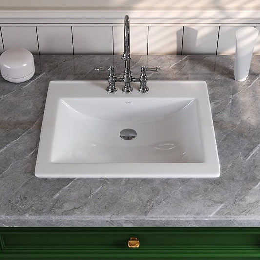 DeerValley 21x18 Inch Rectangular Ceramic Drop-in Bathroom Sink, Under Counter Vessel Sink with Overflow, White Vanity Basin