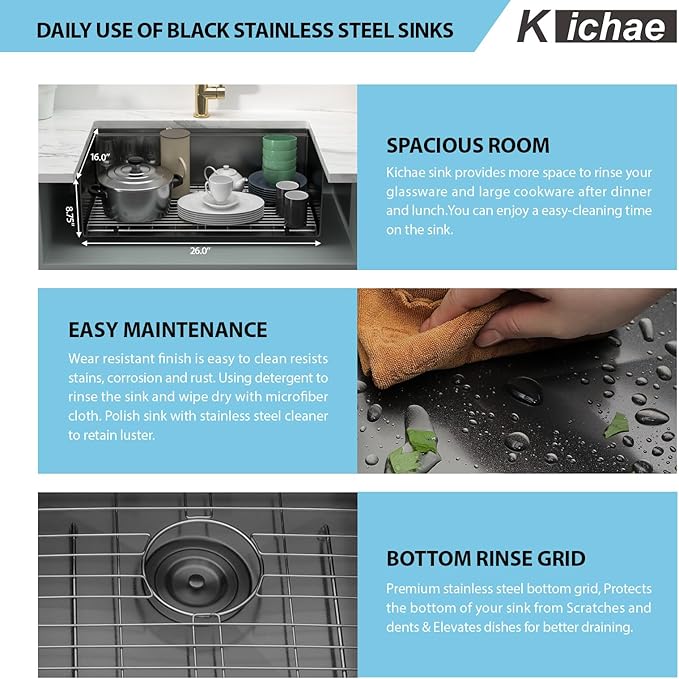 Kichae 28 Black Kitchen Sink Undermount Workstation - 28x18 Gunmetal Black Stainless Steel Undermount Kitchen Sink 16 Gauge Deep Single Bowl Basin Round Corner