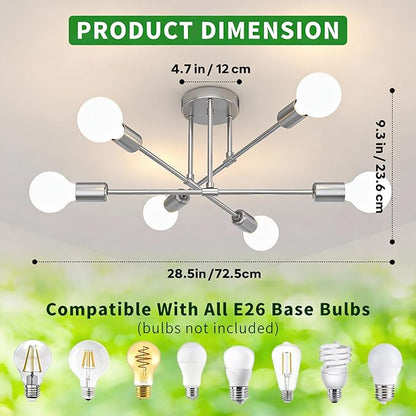 Modern Sputnik Chandelier Ceiling Light Fixtures, 6-Lights 22” Mid Century Industrial Metal Semi Flush Mount for Dining Room, Bedroom, Living Room-Glossy Silver
