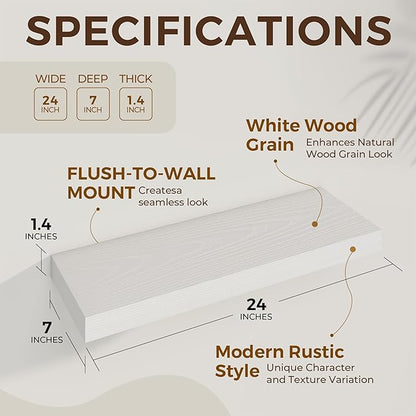 Dreamland 24 Inch Long Floating Shelves in White,6.7 Inch Deep Floating Shelf for Wall,Large Display & Storage Shelf, Wall Shelf for Bathroom Bedroom Living Room Kitchen Office，Set of 2