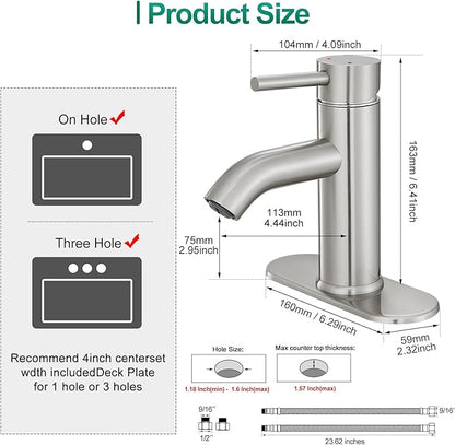 Bathroom Faucet Brushed Nickel One-Handle, Modern one Hole Bathroom Sink Faucet Lavatory Faucet with Deck