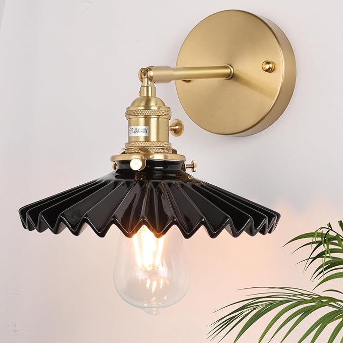 Shenmoyl Vintage Wall Sconce with Black Pleated Ceramic Lampshade 180 Degree Adjustable Brass Sconces Wall Lighting Fixture with Switch for Bedside Bedroom Doorway