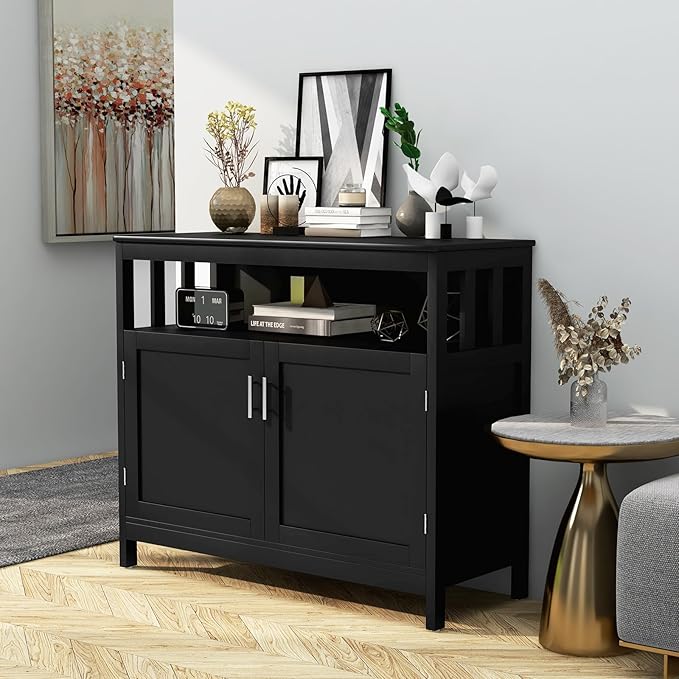 HAPPYGRILL Kitchen Buffet with Storage, Wooden Sideboard Storage Cupboard w/5-Position Adjustable Shelf, 2 Door and Large Tabletop, Buffet Server Cabinet Console Table for Entryway Dinging Room, Black