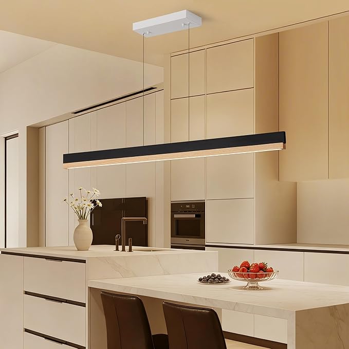 59" Wood Linear Pendant Light, Modern Pendant Lights Kitchen Island with Remote, 24W LED Hanging Pendant Light, Adjustable Linear Chandelier for Dining Room, Bar, Pool Table-Natural Wood