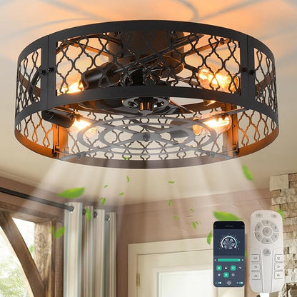 Garwarm 20in Caged Ceiling Fan with Light,Bladeless Black Fandelier Ceiling Fan with Remote,Industrial Farmhouse Flush Mount Ceiling Fans Light Fixtures for Kitchen,Bedroom,Living room（6 Speed,Timing）