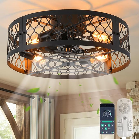 Garwarm 20in Caged Ceiling Fan with Light,Bladeless Black Fandelier Ceiling Fan with Remote,Industrial Farmhouse Flush Mount Ceiling Fans Light Fixtures for Kitchen,Bedroom,Living room（6 Speed,Timing）