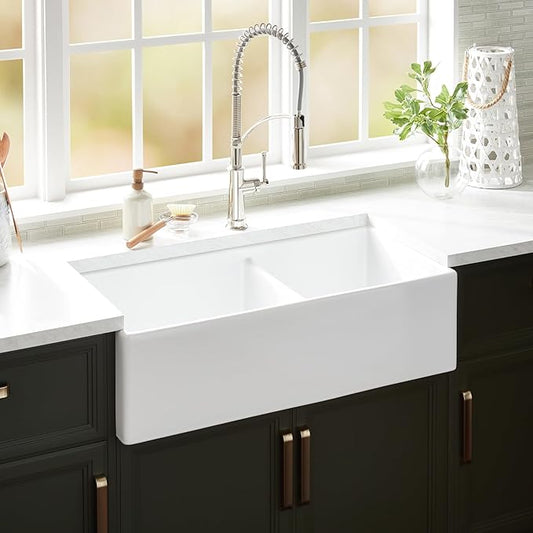 Signature Hardware 953910-36D Rowena 36" Farmhouse 60/40 Double Basin Fireclay Kitchen Sink - White