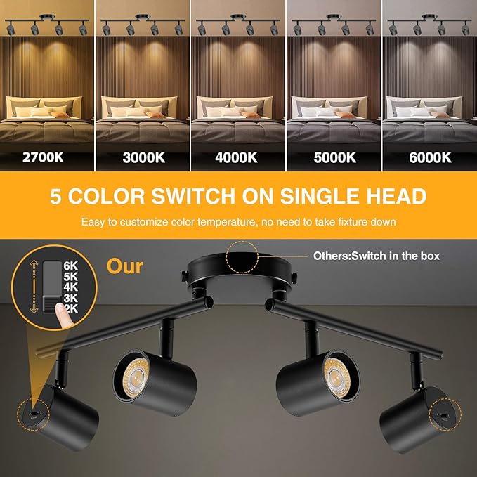 VANoopee 5-Color 4 Light Black LED Track Lighting Fixtures Ceiling for Kitchen, Dimmable Track Lighting Kit, Ceiling Spotlight Flush Mount Adjustable Directional Spot Lights Indoor, CRI90 2400lm 30W