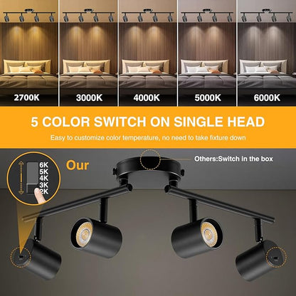 VANoopee 5-Color 4 Light Black LED Track Lighting Fixtures Ceiling for Kitchen, Dimmable Track Lighting Kit, Ceiling Spotlight Flush Mount Adjustable Directional Spot Lights Indoor, CRI90 2400lm 30W
