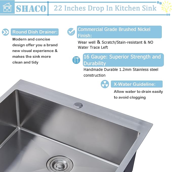 SHACO 22x18 Inch Drop In Bar Sink, 22 Inch Outdoor RV Laundry Utility Sink,16 Gauge Stainless Steel Single Bowl Brushed Nickel Small Kitchen Prep Sink with Strainer Drain