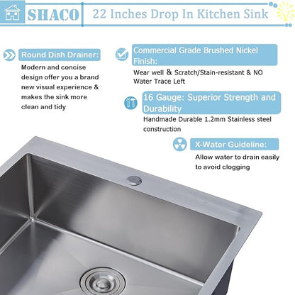 SHACO 22x18 Inch Drop In Bar Sink, 22 Inch Outdoor RV Laundry Utility Sink,16 Gauge Stainless Steel Single Bowl Brushed Nickel Small Kitchen Prep Sink with Strainer Drain