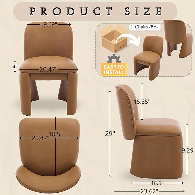 Hyfirm Modern Upholstered Dining Chairs Set of 2, Faux Leather Accent Side Dining Chairs Armless Kitchen Chairs with Curved Back Parsons Chairs for Kitchen Dining Room Living Room, Brown