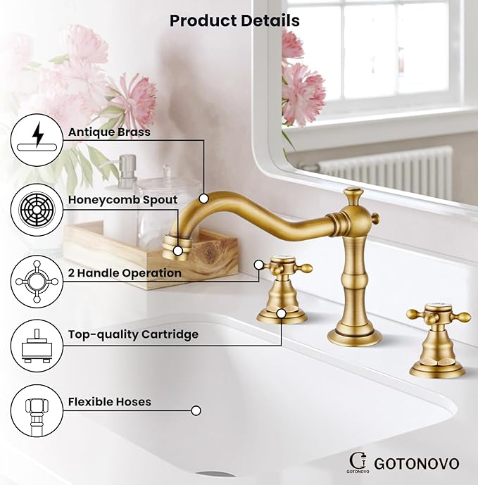 gotonovo Bathroom Faucet 3 Hole 8 Inch Widespread Bathroom Sink Faucet 2 Cross Handles Vintage Lavatory Vanity Mixer Tap with Pop Up Drain, HOT Cold Label, Antique Brass