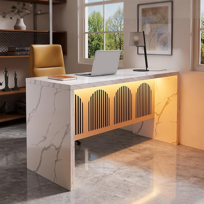 59" Large Imitation Marble Dining Table for 4-6 People - Faux Marble Dining Tablee with Adjustable Lights,Faux Marble Dining Table with Grille Design for Kitchen, Dining Room & Living Room,No Chairs