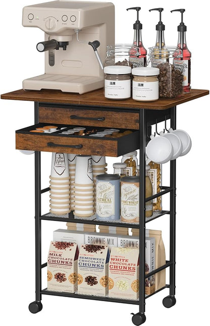 Snughome 5 Tier Rolling Coffee Cart with 2 Large Drawers & Removable Dividers, Extra-Wide Coffee Bar Cart with Storage, Farmhouse Coffee Station Cabinet for Living Room, Kitchen, Office