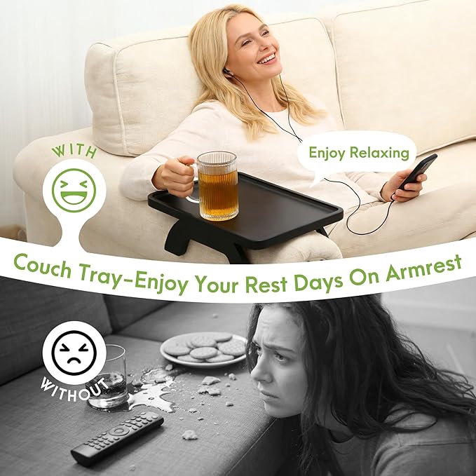 SINWANT Couch Arm Table,Bamboo Couch Arm Tray for Armrest,13.78" Sofa Clip on Tray Table for Home Living Room Snack & Drink Remote