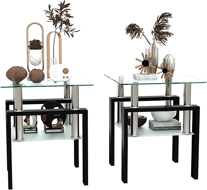 Set of 2 Glass End Table, Glass Side Table with Tempered Glass Top & Metal Legs, Living Room Table Modern Square Tea Table Side Tables 2-Layer for Living Room