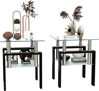 Set of 2 Glass End Table, Glass Side Table with Tempered Glass Top & Metal Legs, Living Room Table Modern Square Tea Table Side Tables 2-Layer for Living Room