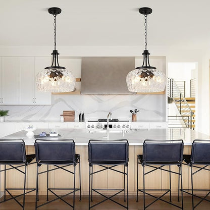Modern Pendant Lights Kitchen Island, 3-Light Black Pendant Light Fixtures with 14.2" Clear Hammered Glass Shade, Industrial Hanging Pendant Lights Fixture for Kitchen Island, Dining Room, Entryway