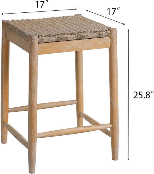 Merax Counter Height Barstools Set of 2, Wood Backless Counter Stools with Acacia Wood Legs and Natural Rattan Seat, 25.8 Inch Bar Stools for Kitchen Island Dining Room