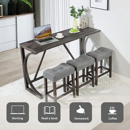 Polibi 4-Piece Farmhouse Counter Height Dining Set,Bar Table and Chairs Set,Bar Table with Power Outlet and 3 Padded Saddle Seat Stools for Living Room,Dining Room,Game Room,Dark Gray