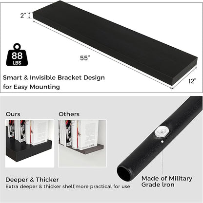 Venusmiles Floating Shelves for Wall, 55 Inch Wide x 12 Inch Deep Floating Shelves, Long Wood Floating Wall Shelf Shelves for Living Room Bathroom Bedroom Kitchen Home - (Black, 55" W x 12" D x 2" H)