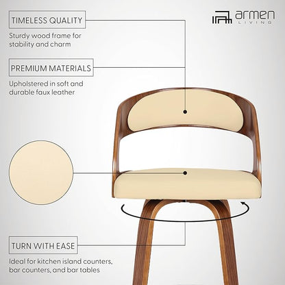 Armen Living Shelly 30" Bar Height Swivel Cream Faux Leather and Walnut Wood Bar Stool - Set of 4