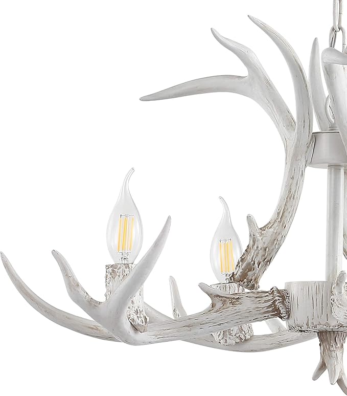 JONATHAN Y 26" White Rustic Resin Antler 4-Light LED Chandelier, Farmhouse Faux Deer Horn Hanging Ceiling Light for Dining Room, Kitchen Island, Adjustable Light Fixture (JYL6301B)