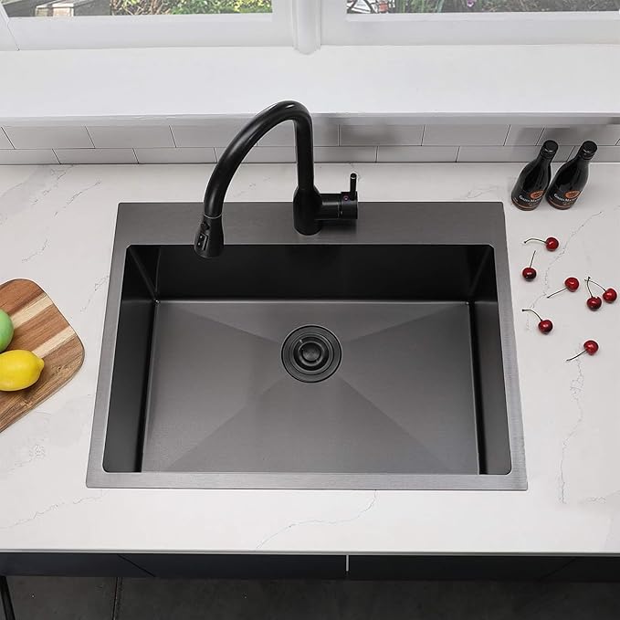 SHACO 28 x 20 Inch Drop in Black Kitchen Sink, Gunmetal Black Top Mount Stainless Steel 9 Inch Deep Single Bowl Laundry Utility Wet Prep Sink