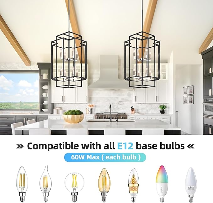 8-Light Farmhouse Chandelier, Modern Foyer Lighting Fixtures 31.5" Entryway Chandeliers for High Ceilings, Black & Silver Lantern Pendant Light, for Living Room,Staircase,Hallway