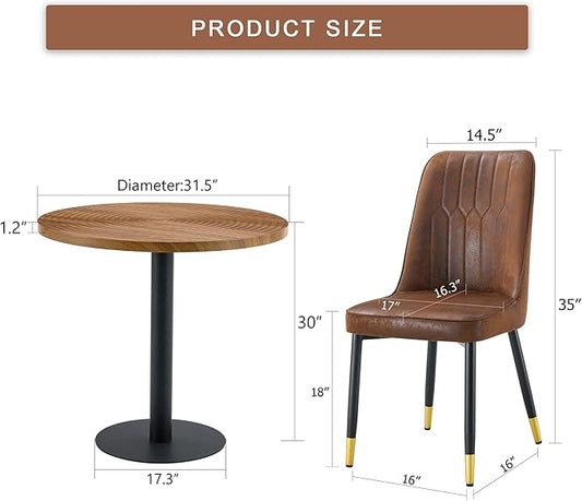 Round Dining Table Set with 2 Brown Technology-Fabric Chairs, 31.5 Inch Dark Wood Grain Table with Suction Molding Annular Texture and Gold Leg Decoration, for Kitchen and Dining Room