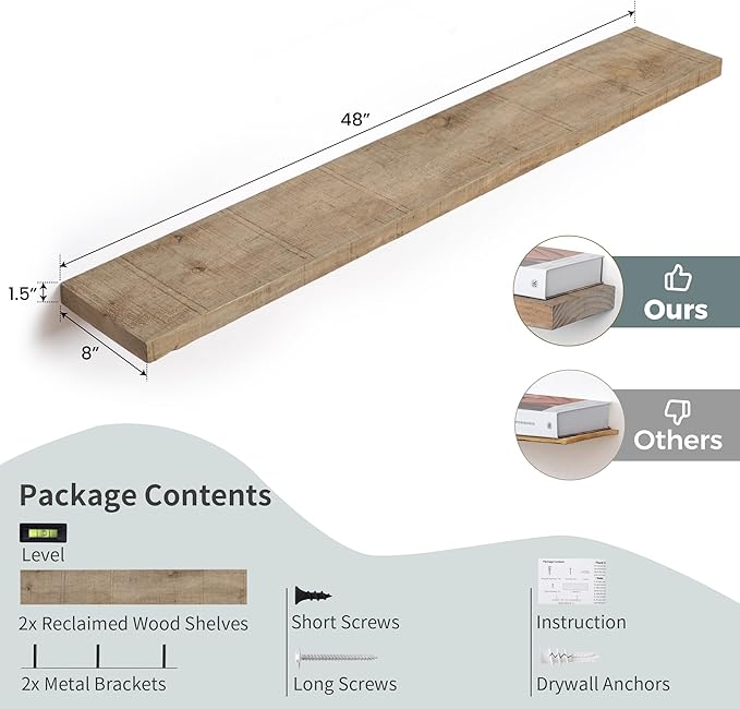 FLYJOE Floating Shelves | 8" Deep Rustic Reclaimed Barnwood Wall Hanging Shelves with Invisible Heavy-Duty Metal Bracket | Wall Mounted | Farmhouse Style | 48 inches, 2 PCs, Distressed Natural