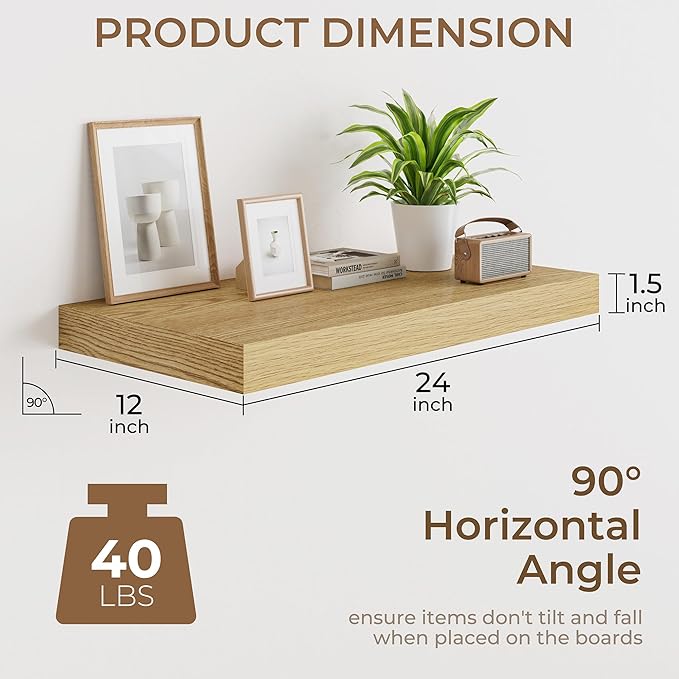 RICHFOCUS Deep Floating Shelves for Wall 2 Pack 12" D 24 Inch Wall Shelves for Room Wall|Wood Hanging Shelf with Invisible Brackets for Bathroom Bedroom Kitchen Laundry Room, Oak
