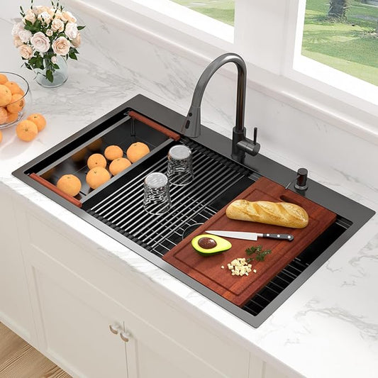 Sarlai 36 Inch Drop In Kitchen Sink - 36x22 Black Drop Kitchen Sink Ledge Workstation 16 Gauge Stainless Steel Gunmetal Black Sinks Topmount Single Bowl Over Counter Sinks Basin Round Corners