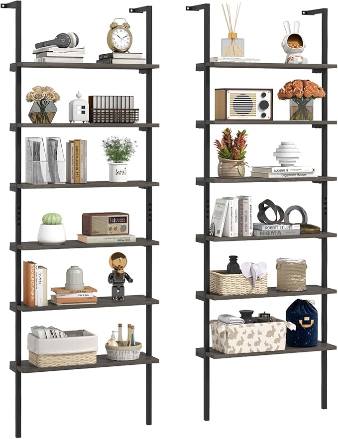 Giantex 6-Tier Ladder Shelves Set of 2, 72" Wall Mounted Bookshelf with Metal Frame, Industrial Open Storage Shelves, Wooden Bookcase Display Rack for Living Room, Home Office, Bedroom, Gray