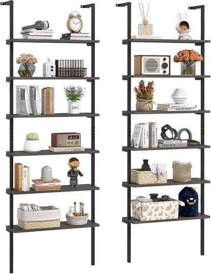 Giantex 6-Tier Ladder Shelves Set of 2, 72" Wall Mounted Bookshelf with Metal Frame, Industrial Open Storage Shelves, Wooden Bookcase Display Rack for Living Room, Home Office, Bedroom, Gray