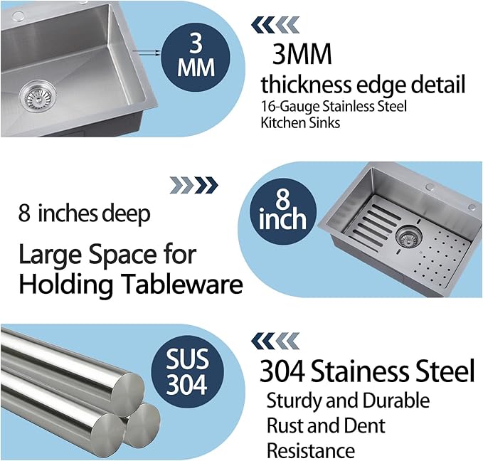 Kitchen Sink, 304 Stainless Steel Sink, Single Bowl, Drop In Kitchen Sink with Complete Accessories, Perfect for Homes, Apartments, and Modern Kitchens in All Settings(Gunmetal, 30 * 18 in)