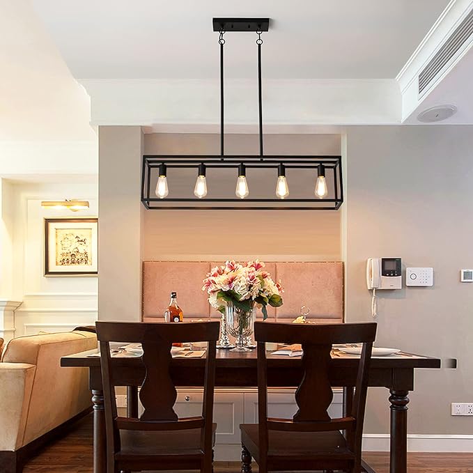 Black Farmhouse Kitchen Island Lighting, Modern Industrial Chandelier, 5-Light Linear Rectangular Pendant Light Fixtures for Farmhouse Kitchen Dining Room Bar Foyer(Metal, Height Adjustable)