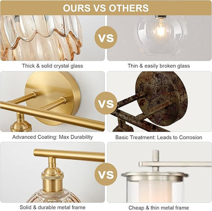 Gold Bathroom Light Fixtures Over Mirror, 2 Light Bathroom Vanity Light Fixture with Tulip Amber Glass Lampshade, Vintage Vanity Lights for Bathroom, Bathroom Vanity Lights Over Mirror