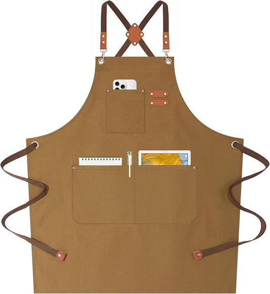 AFUN Chef Aprons for Women Men with Oversized Pockets, 12-Ounce Cotton Canvas Cross Back Water Repellent Apron (Brown)